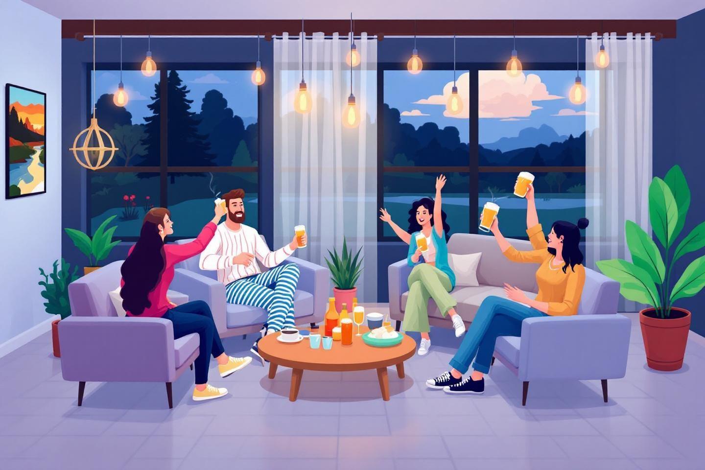 Amis se détendant dans un salon confortable avec des boissons