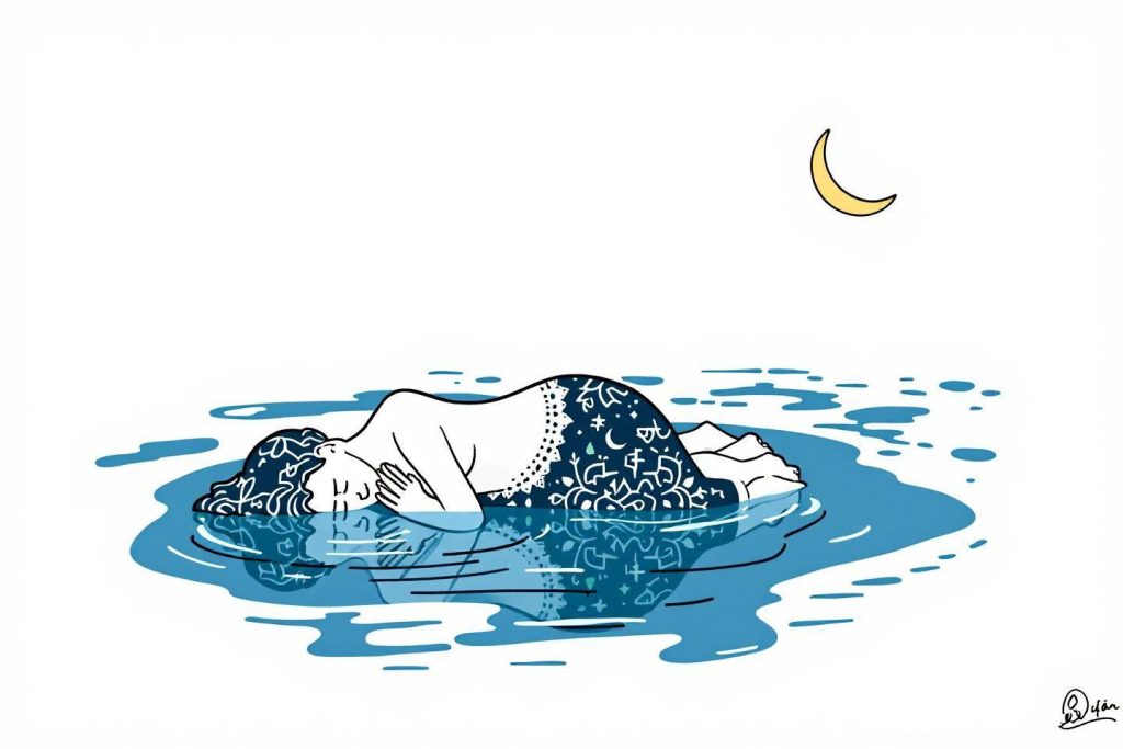 Figure endormie flottant sur des vagues bleues sous la lune