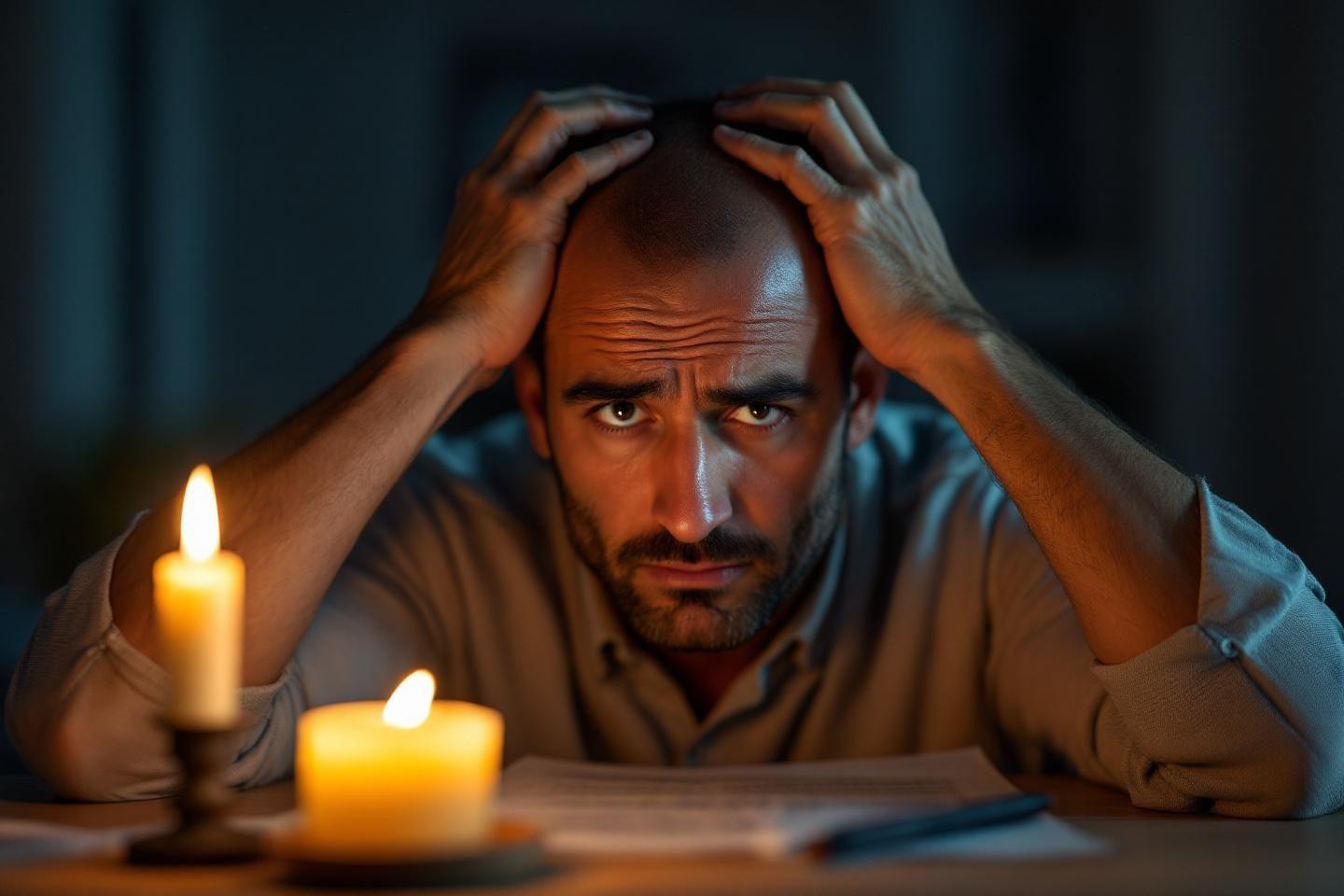 Homme stressé à table, tenant sa tête, bougies allumées