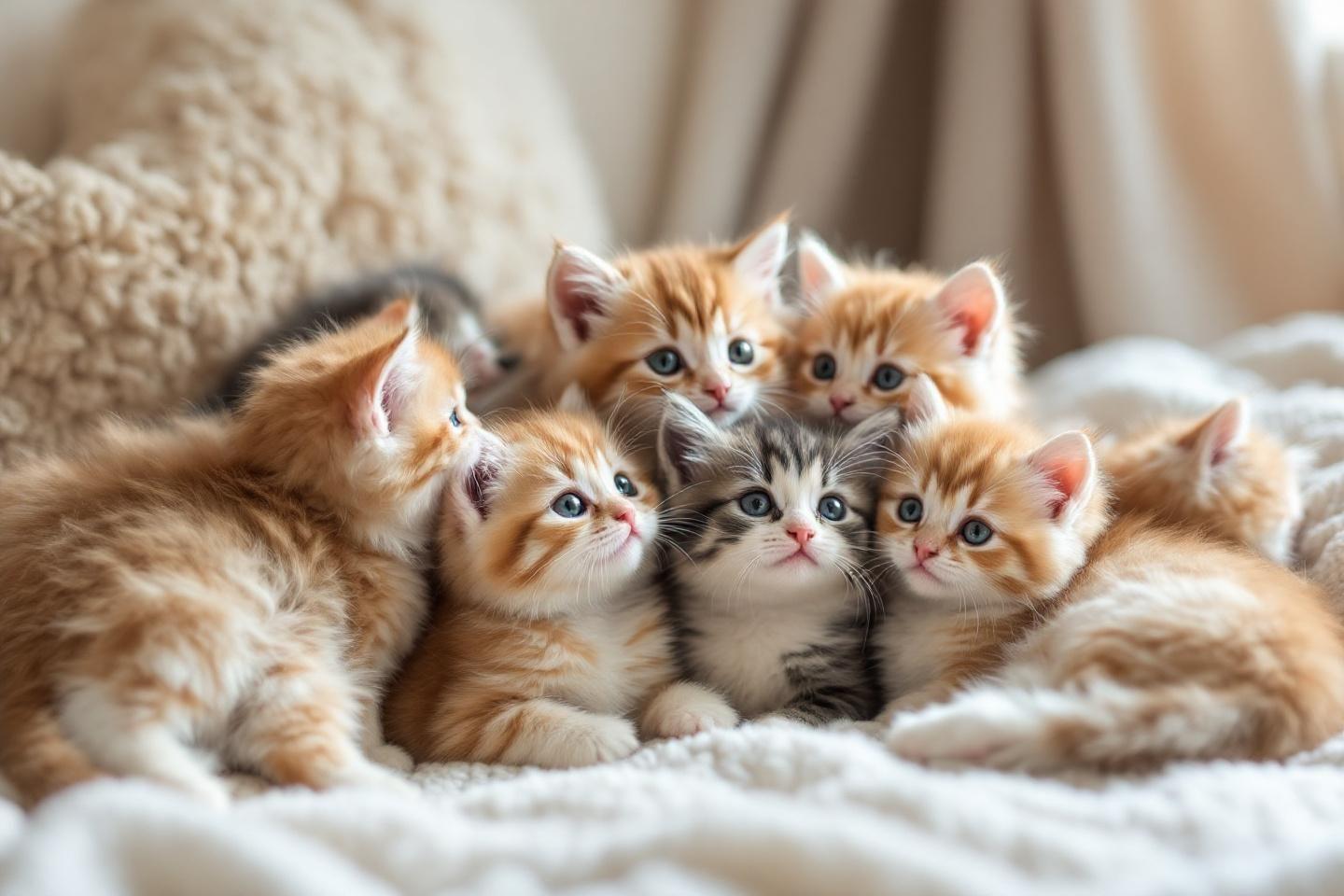 Groupe de chatons roux et gris blottis ensemble sur un textile