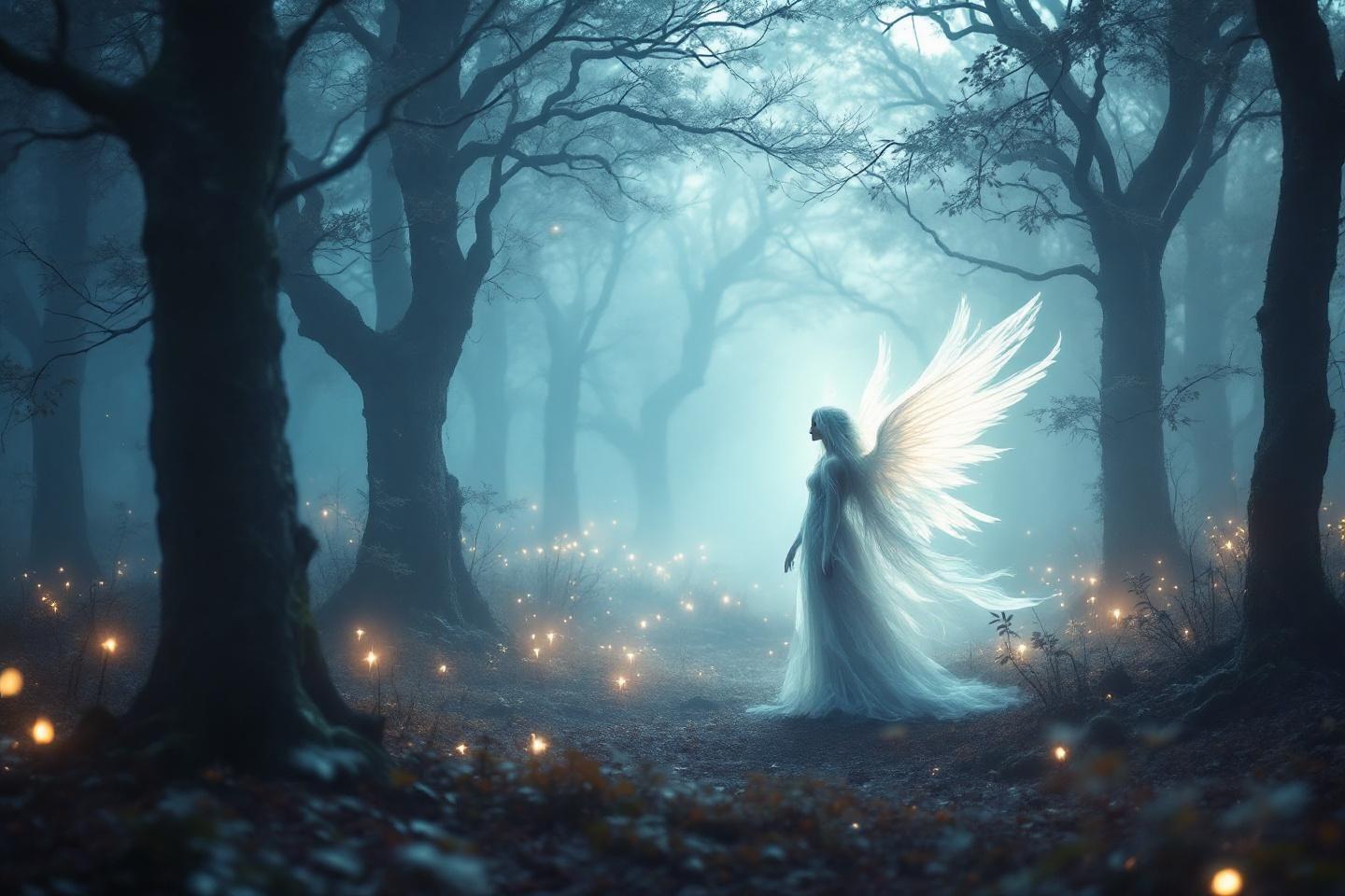 Silhouette angélique ailée dans une forêt brumeuse aux lueurs féeriques