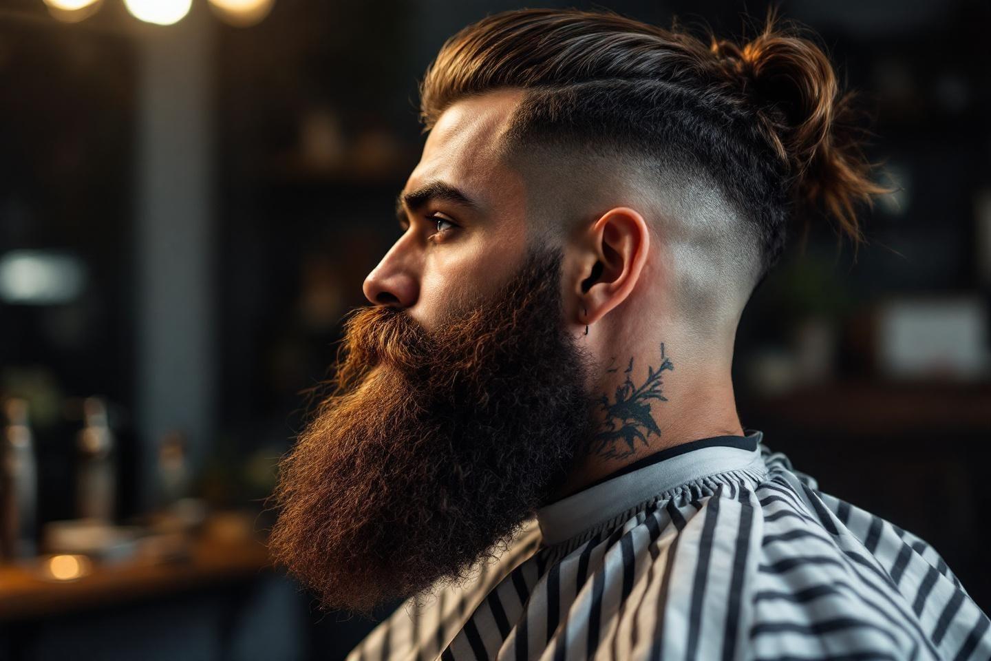 Homme avec barbe épaisse et coupe de cheveux tendance de profil