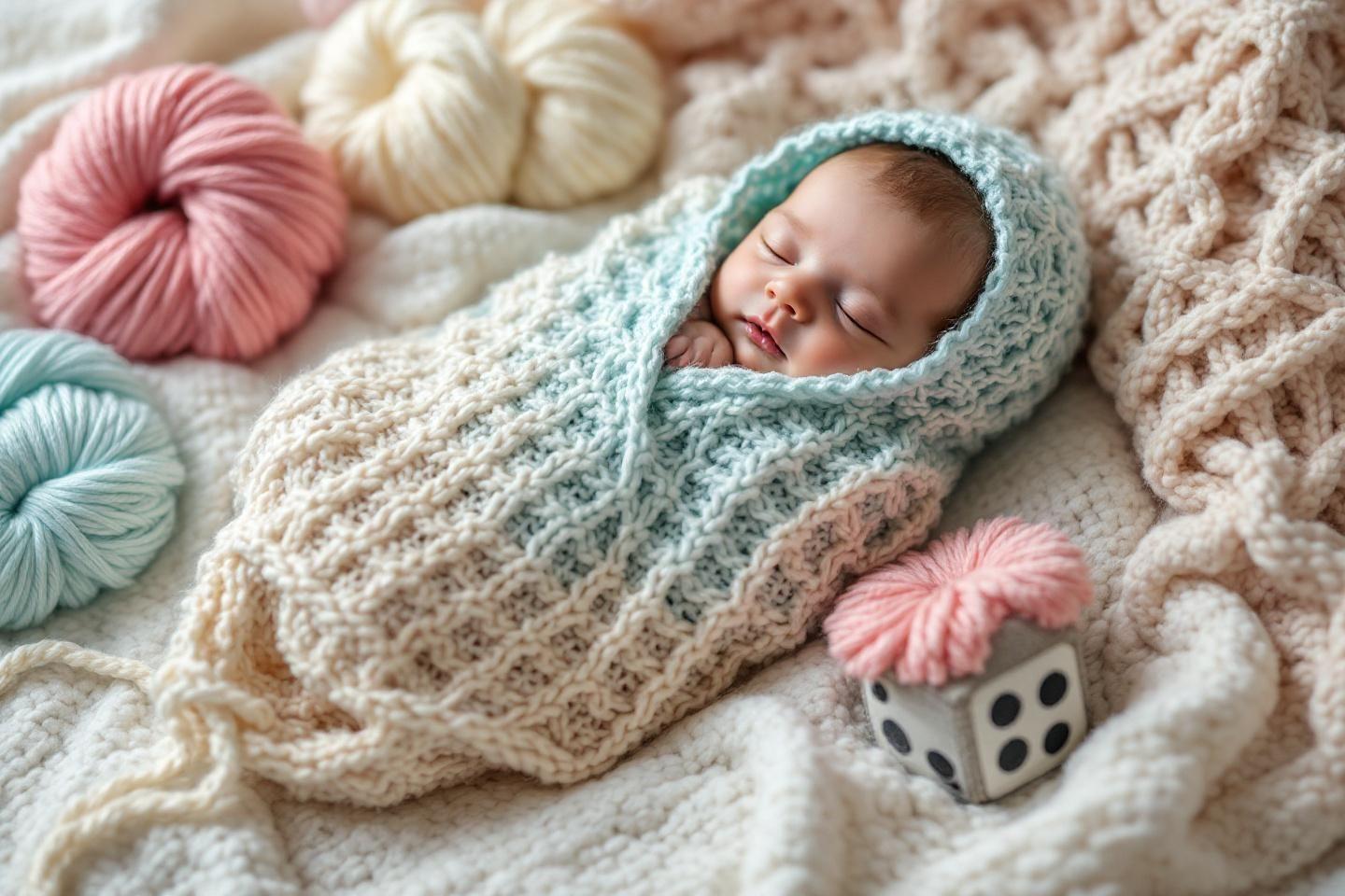 Nouveau-né paisible enveloppé dans une couverture tricotée multicolore