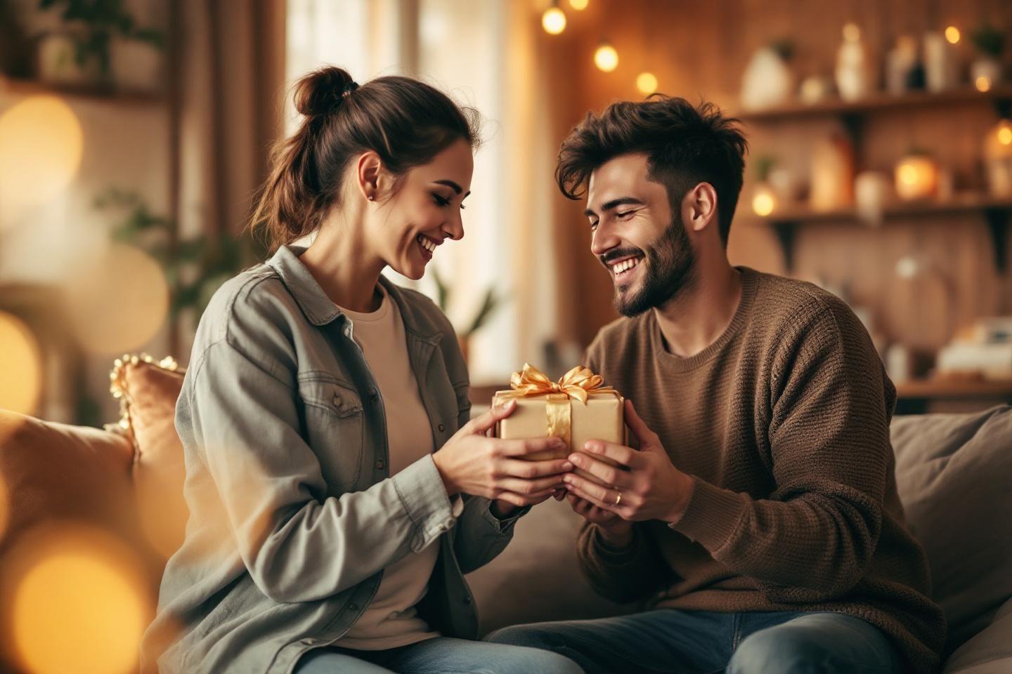 Couple souriant échangeant un cadeau dans un intérieur chaleureux