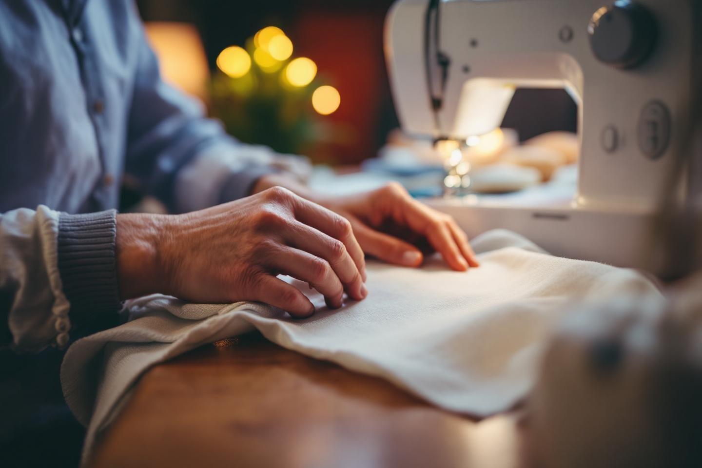 Mains travaillant sur tissu blanc avec machine à coudre