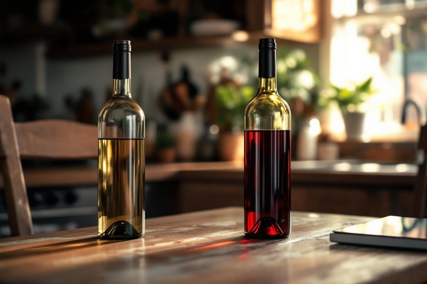 Bouteilles de vin blanc et rouge sur une table en bois