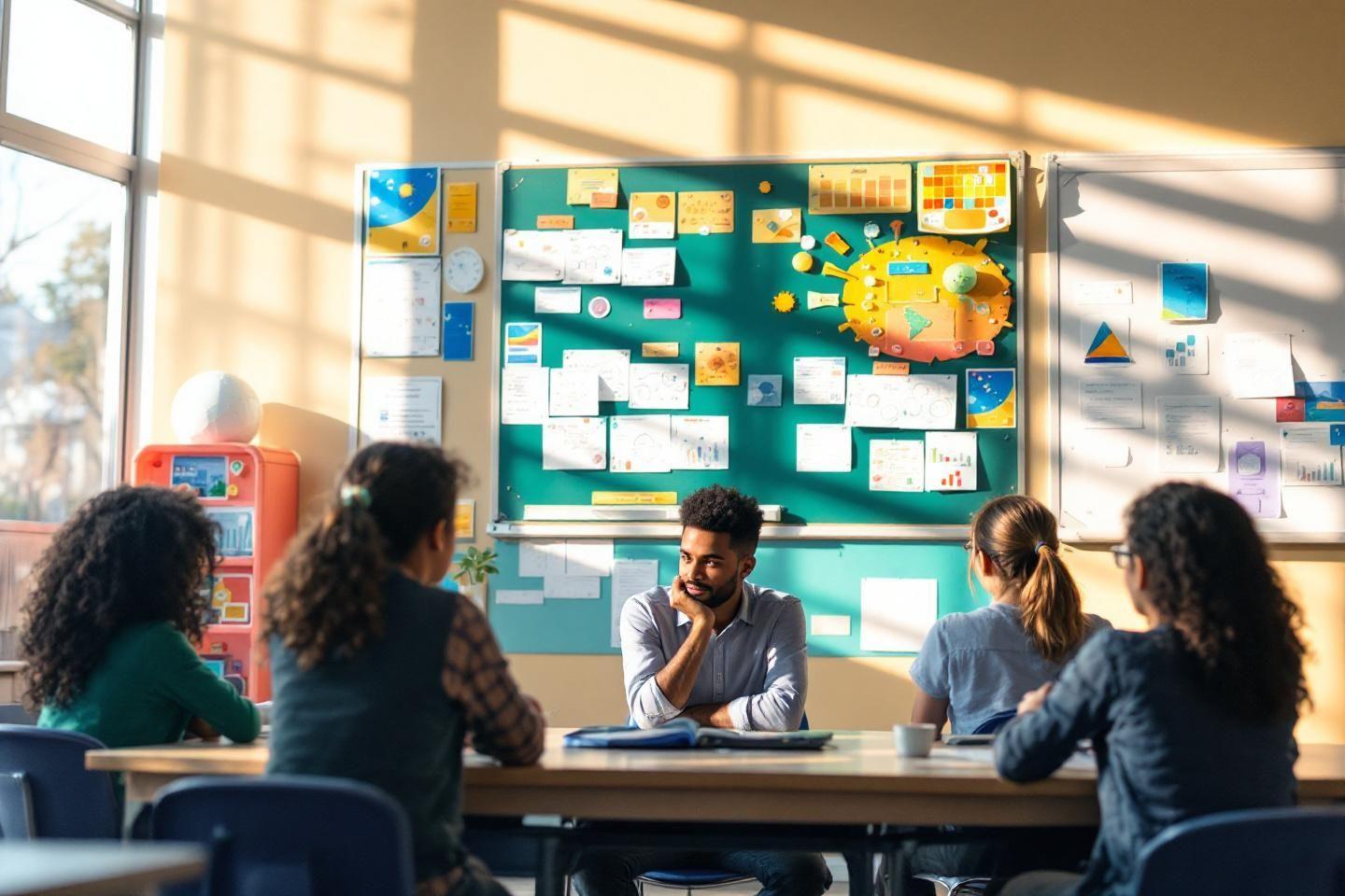Groupe de personnes autour d'un tableau coloré avec des notes