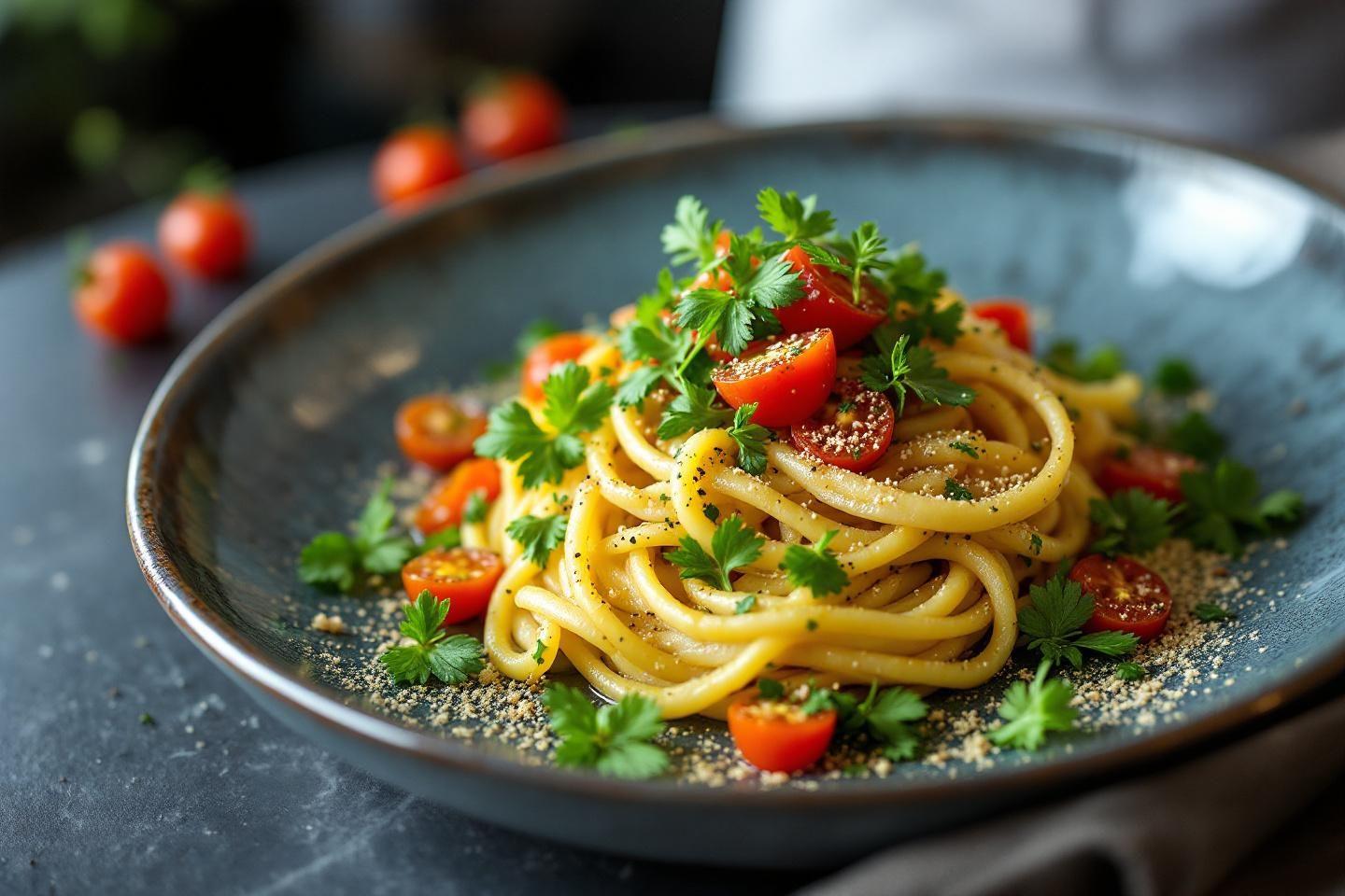 Pâtes dorées, tomates rouges, persil frais sur assiette grise