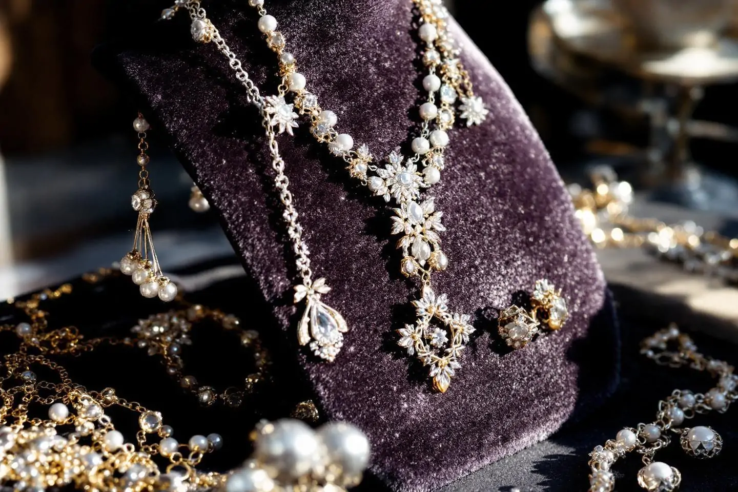 Un présentoir de bijoux en or et en perles, comprenant des colliers, des boucles d'oreilles et des bracelets, disposés sur un support en velours foncé.