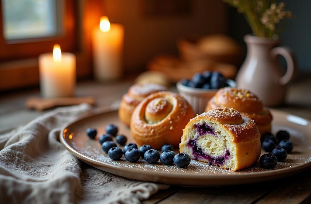 Brioches dorées fourrées aux myrtilles, décorées de fruits frais