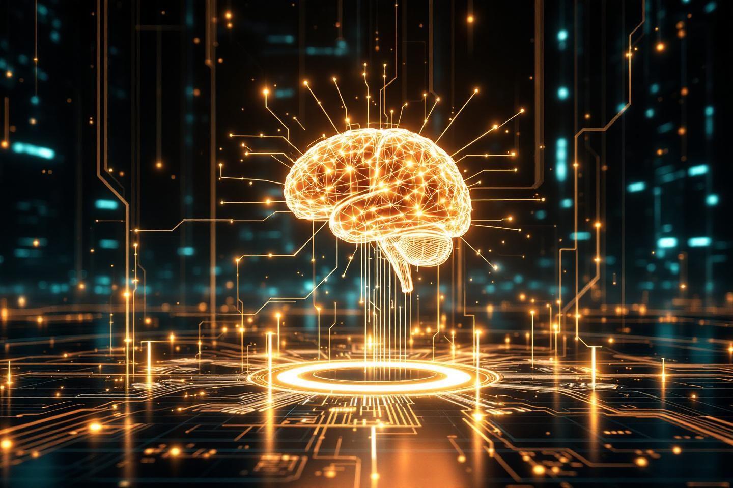 Cerveau lumineux connecté à un réseau technologique futuriste