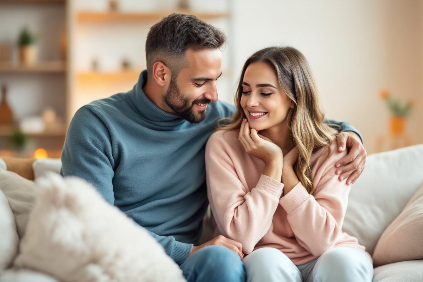 Homme et femme enlacés, souriants, moment de complicité intime