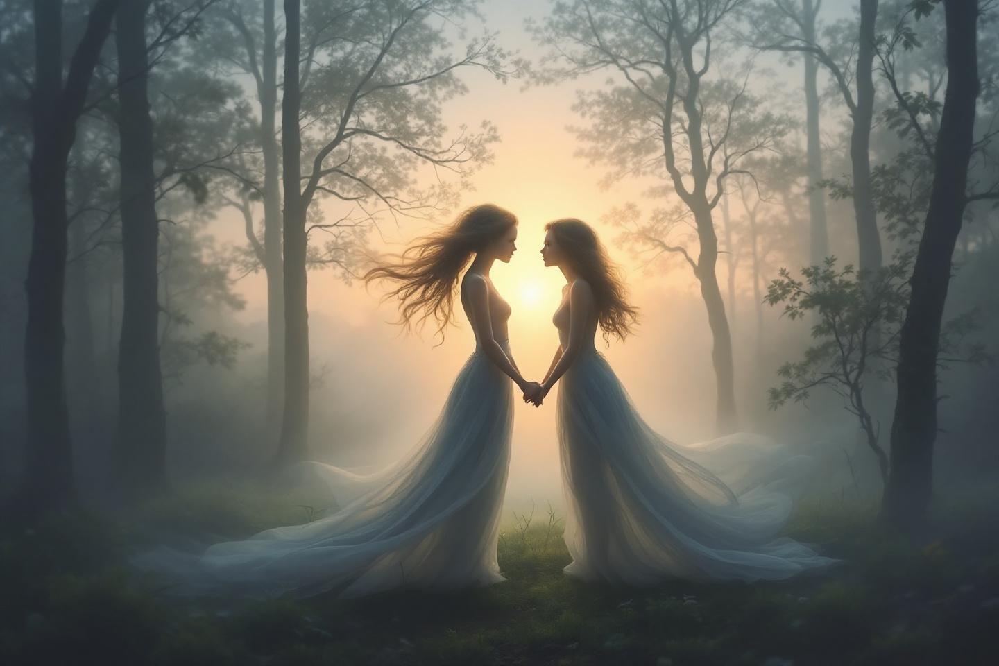 Deux silhouettes féminines enlacées dans une forêt brumeuse