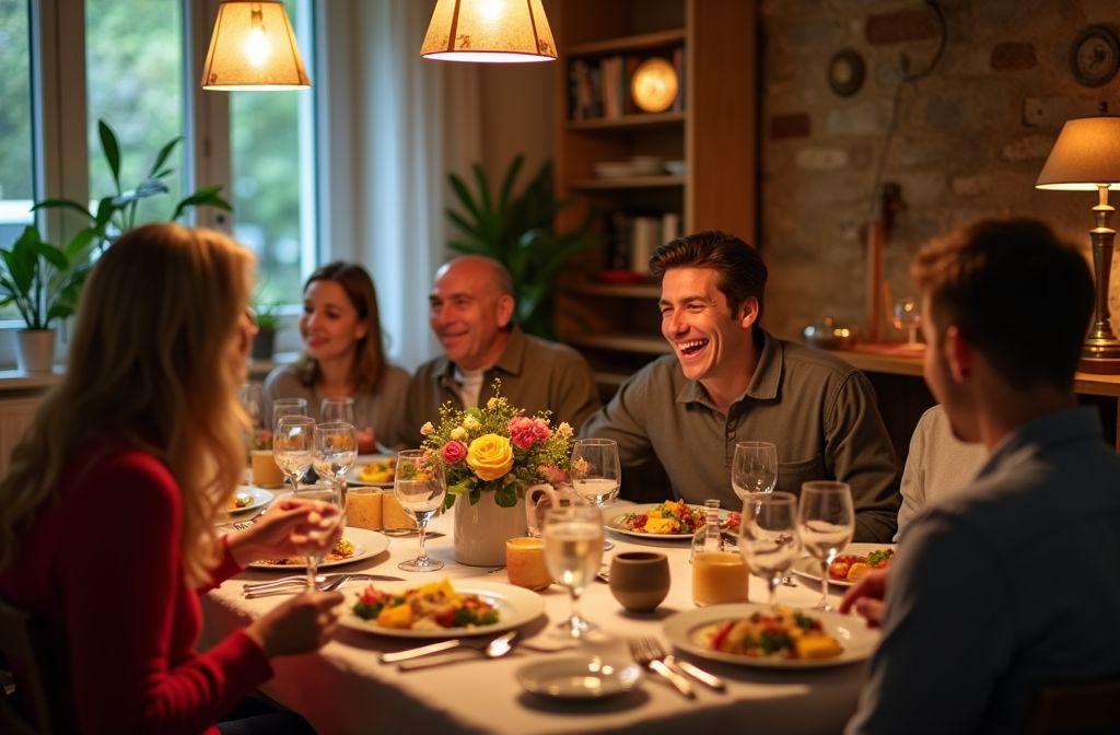 Groupe convivial autour d'un repas avec plats et sourires