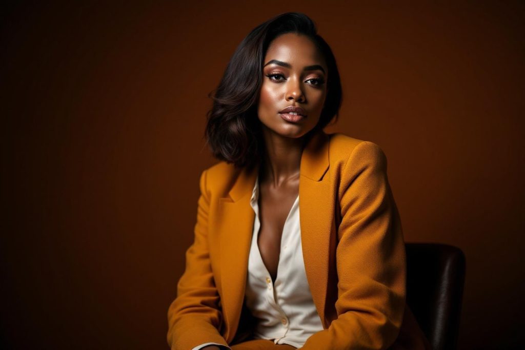 Portrait d'une femme sophistiquée dans un blazer jaune moutarde