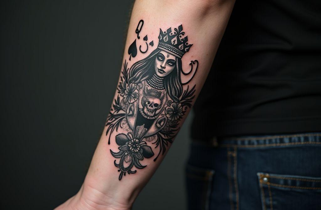 Tatouage noir et gris d'une reine avec couronne et crâne