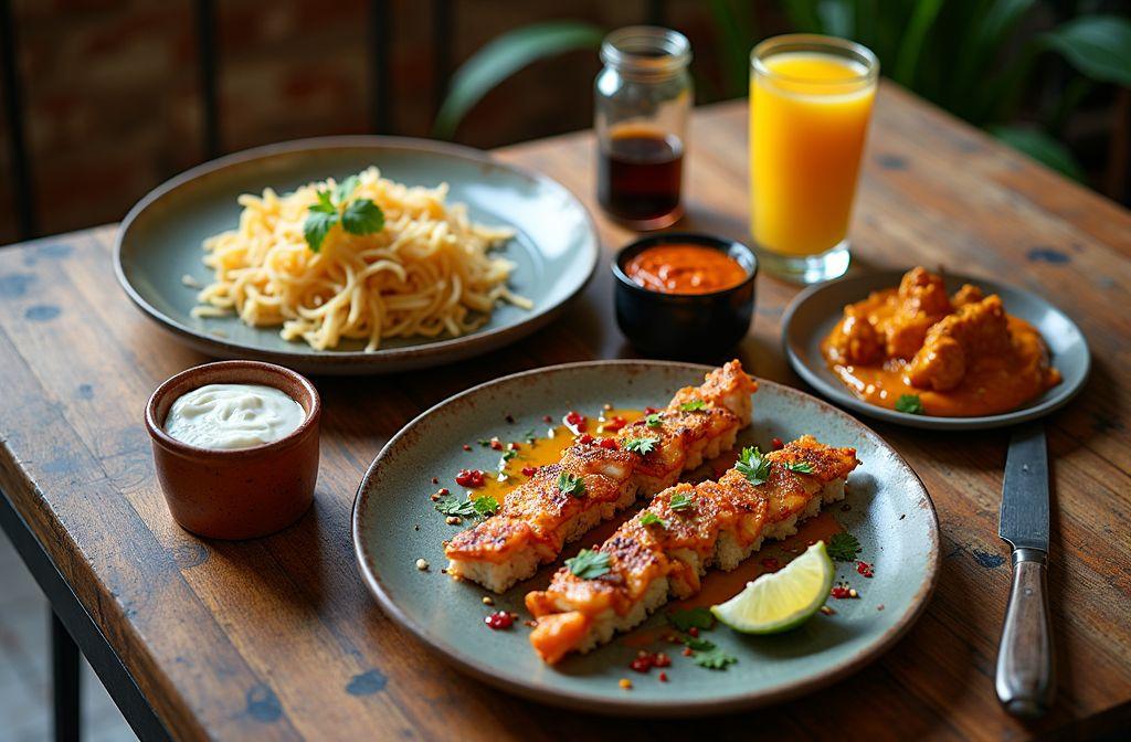 Plats de pâtes, poisson grillé, sauces et verre de jus d'orange