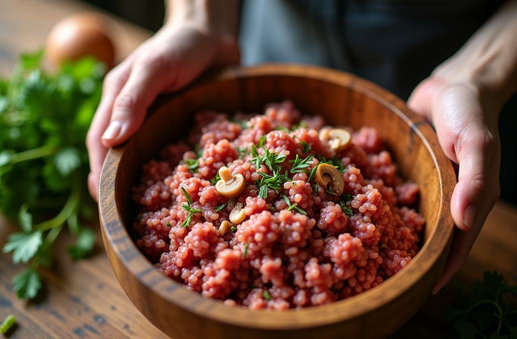 Bol en bois rempli de quinoa rouge avec herbes fraîches