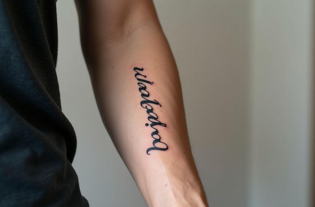 Tatouage en écriture cursive sur un avant-bras clair