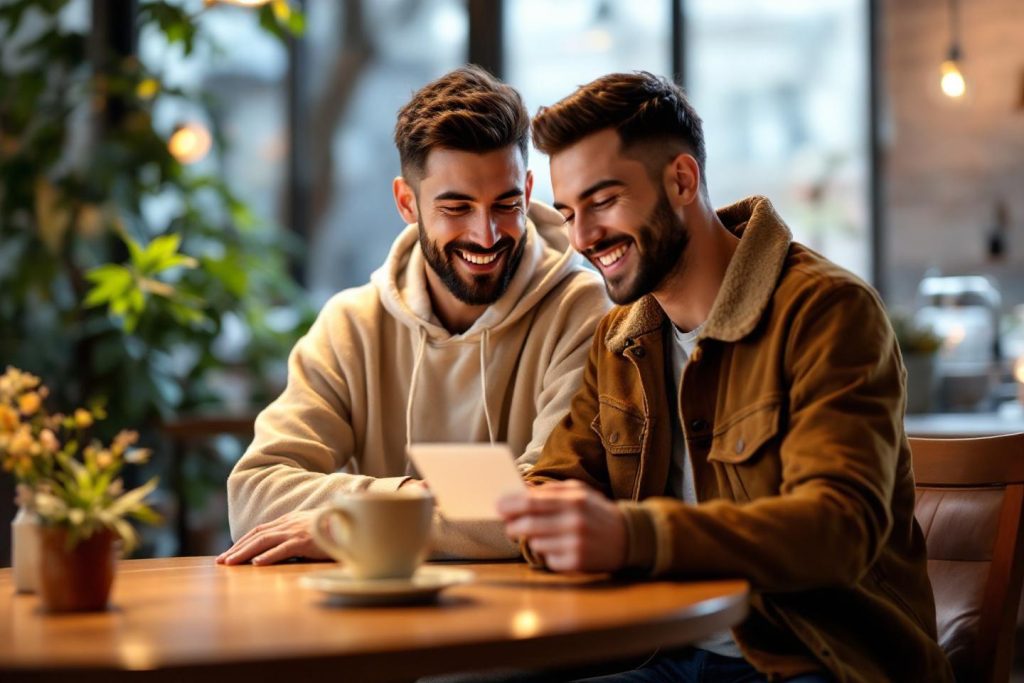 Deux hommes souriants partagent un moment convivial autour d'un café