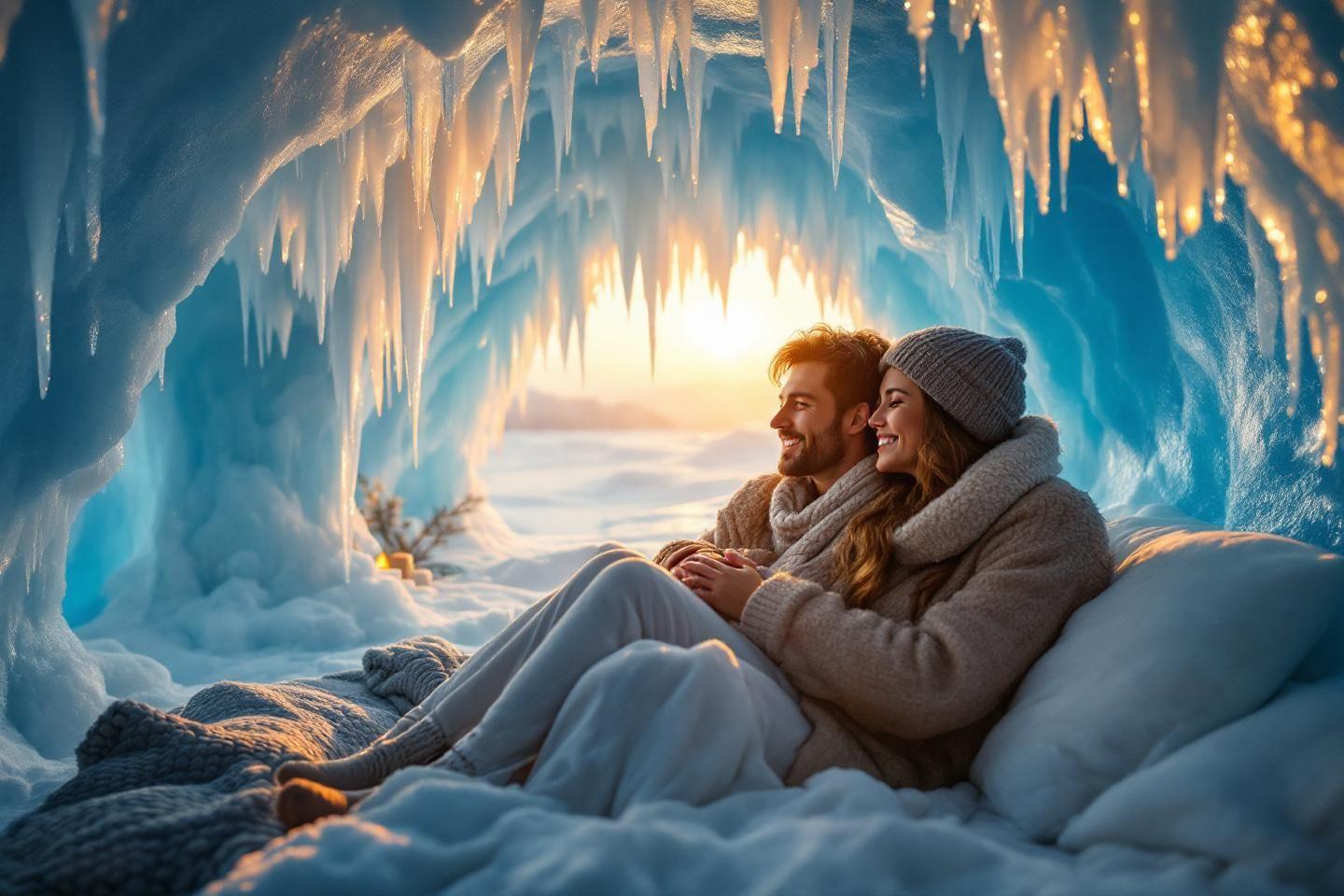 Couple enlacé dans une grotte de glace aux icicles dorés