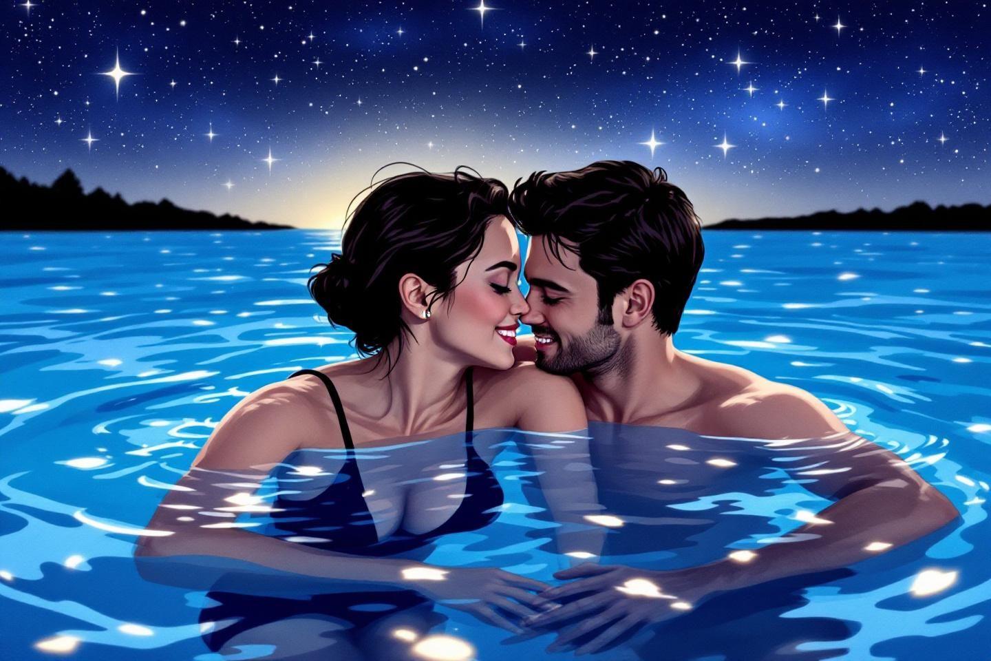 Couple enlacé dans l'eau, ciel étoilé en arrière-plan