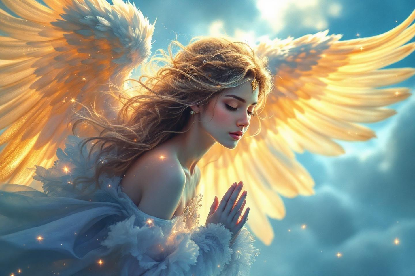 Ange ailé méditatif dans un ciel bleu lumineux