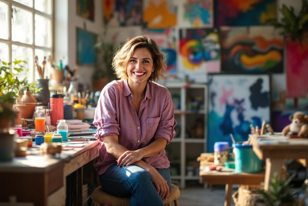 Femme créative entourée de peintures et matériel artistique