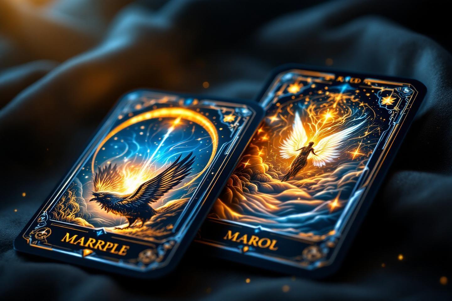 Deux cartes magiques avec des phoenix de feu scintillants