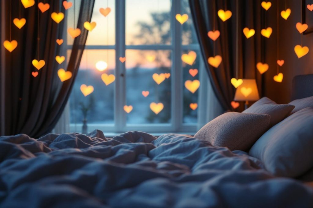 Lit douillet près d'une fenêtre avec des cœurs lumineux