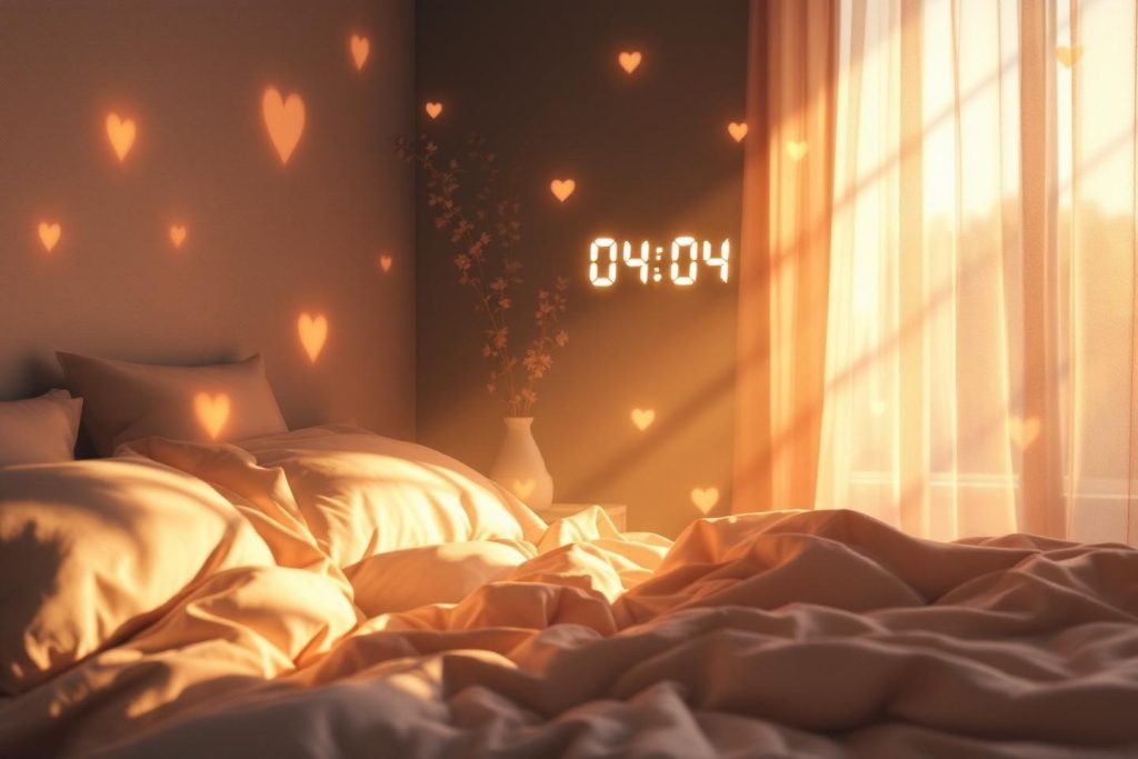 Lit défait avec horloge digitale et cœurs lumineux au réveil