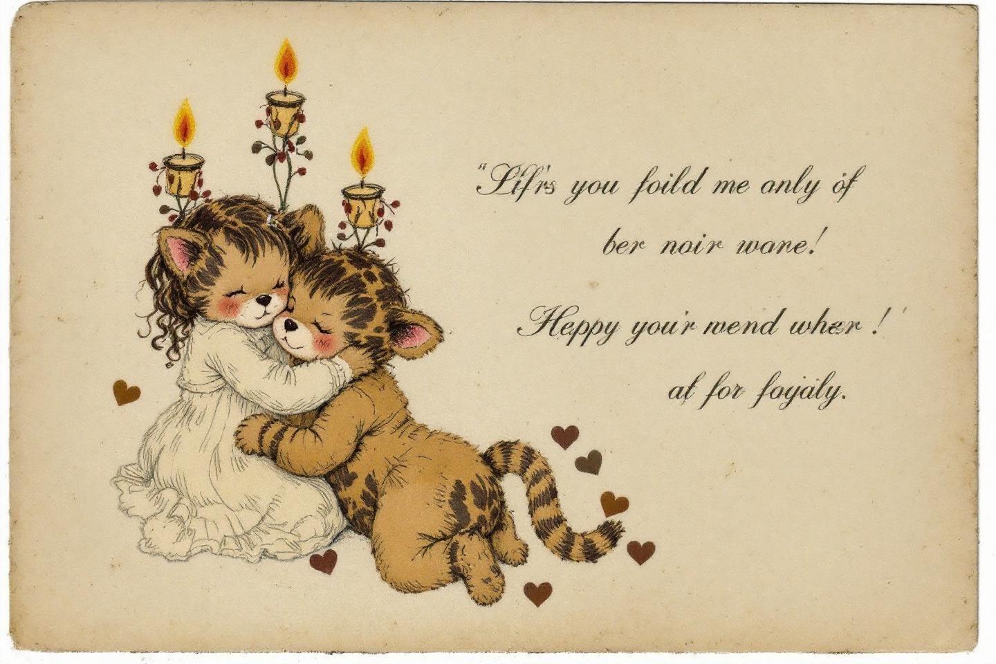 Deux chats mignons s'enlacent entourés de bougies et de cœurs