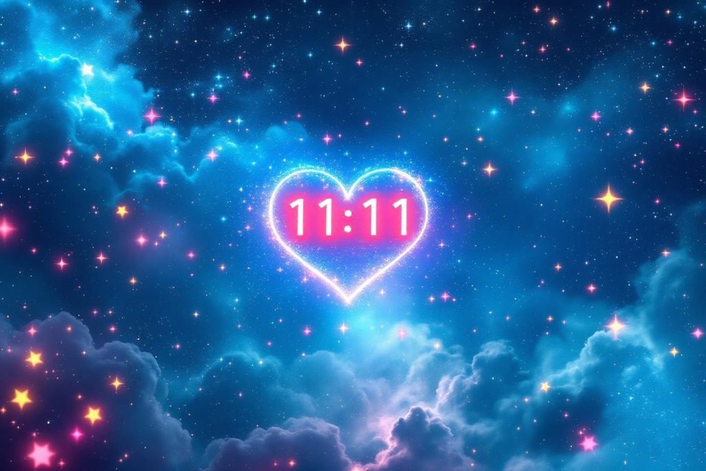 Cœur lumineux 11:11 dans un ciel nocturne étoilé bleu