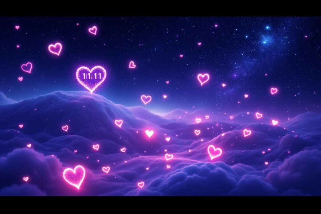 Ciel étoilé violet avec des cœurs brillants flottant sur des nuages