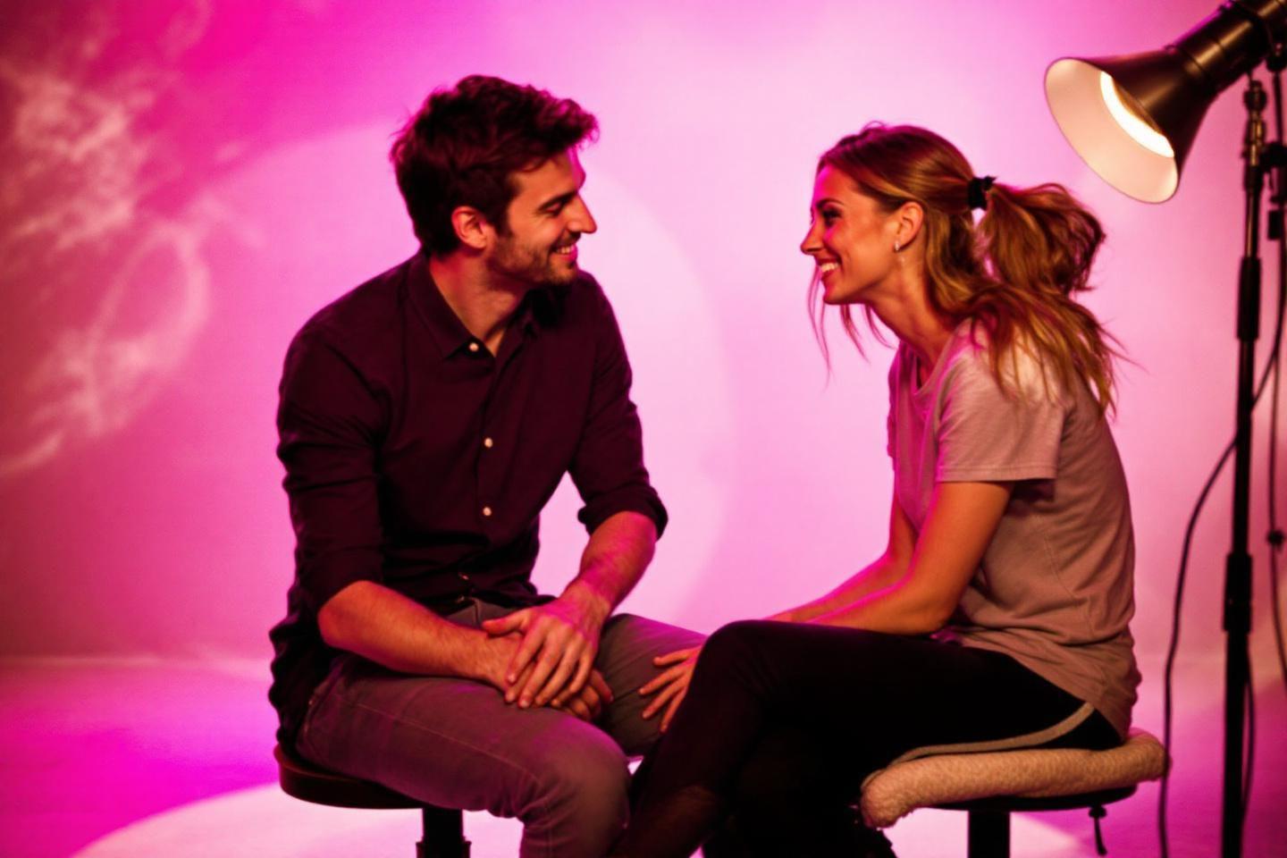 Deux personnes souriantes assises, éclairées par une lumière rose