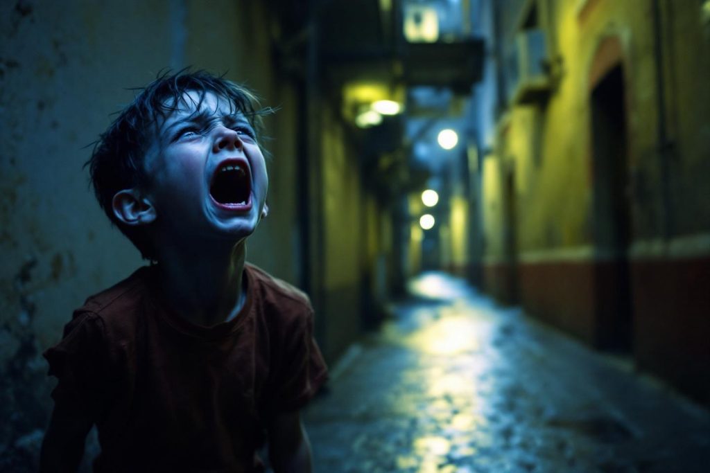 Jeune garçon hurlant dans une ruelle nocturne effrayante
