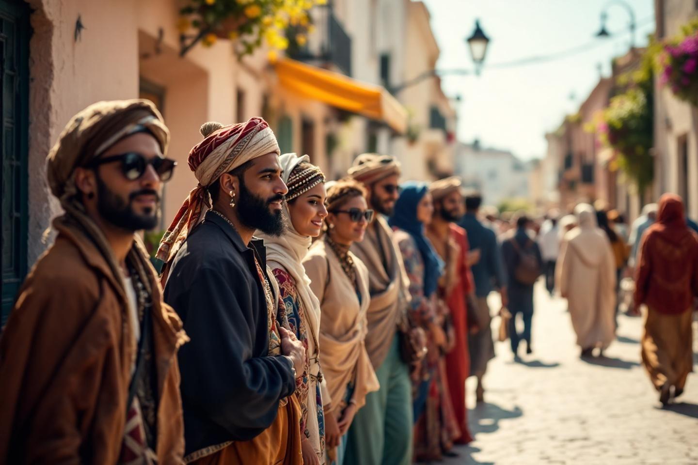 Groupe de personnes en tenues traditionnelles dans une rue ensoleillée