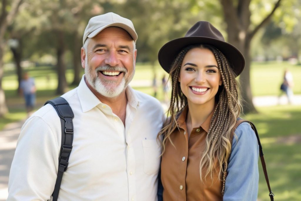 Homme senior et jeune femme posant dans un parc verdoyant