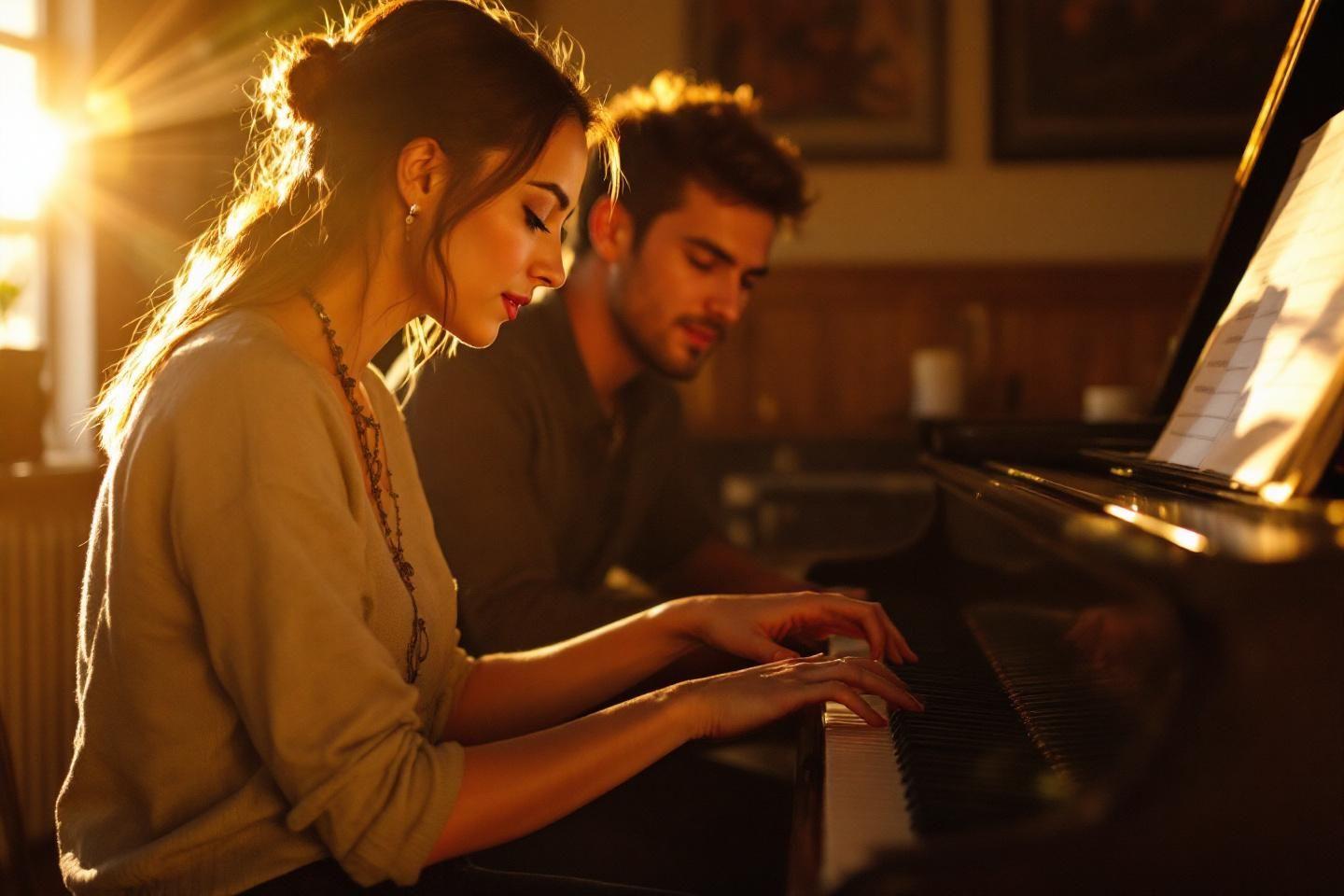 Deux musiciens jouent un duo au piano dans une lumière dorée