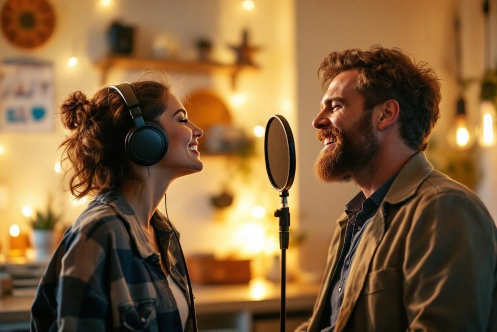 Deux musiciens chantent ensemble devant un micro