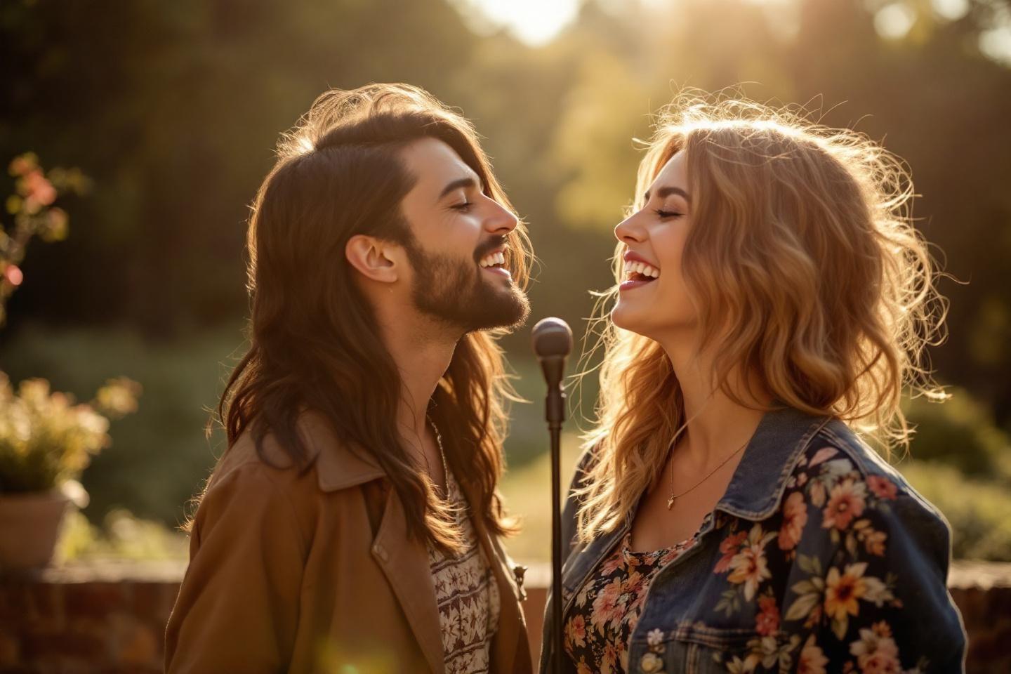 Deux musiciens joyeux chantent ensemble dans un jardin ensoleillé