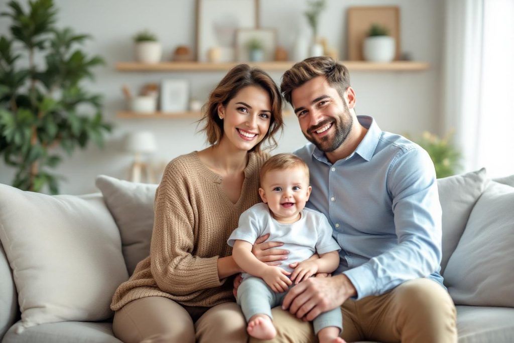 Parents souriants avec bébé assis entre eux sur un canapé