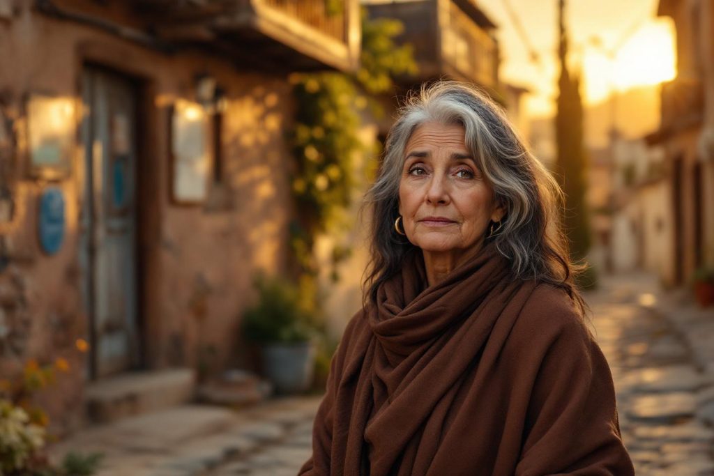 Femme aînée aux cheveux gris portant un châle brun à l'extérieur