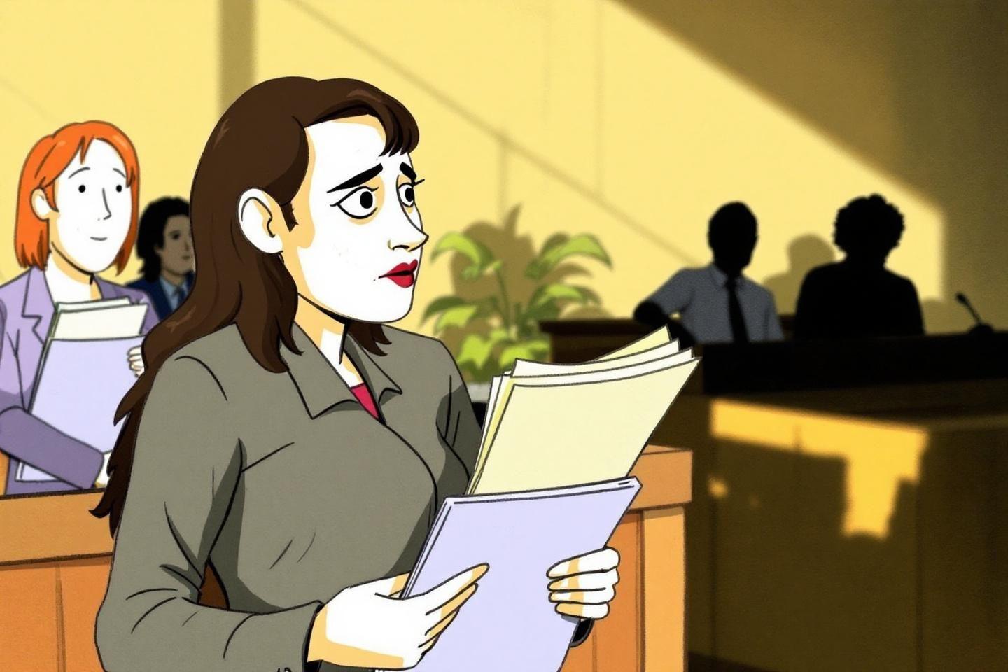 Une femme avec des documents devant un tribunal