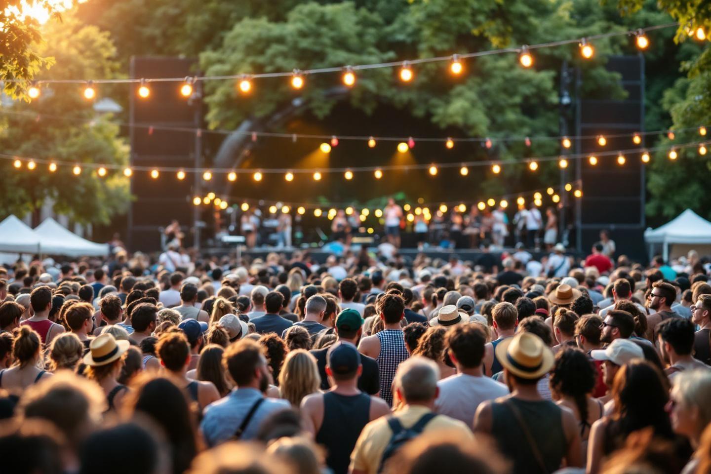Grande foule rassemblée devant une scène illuminée par des guirlandes