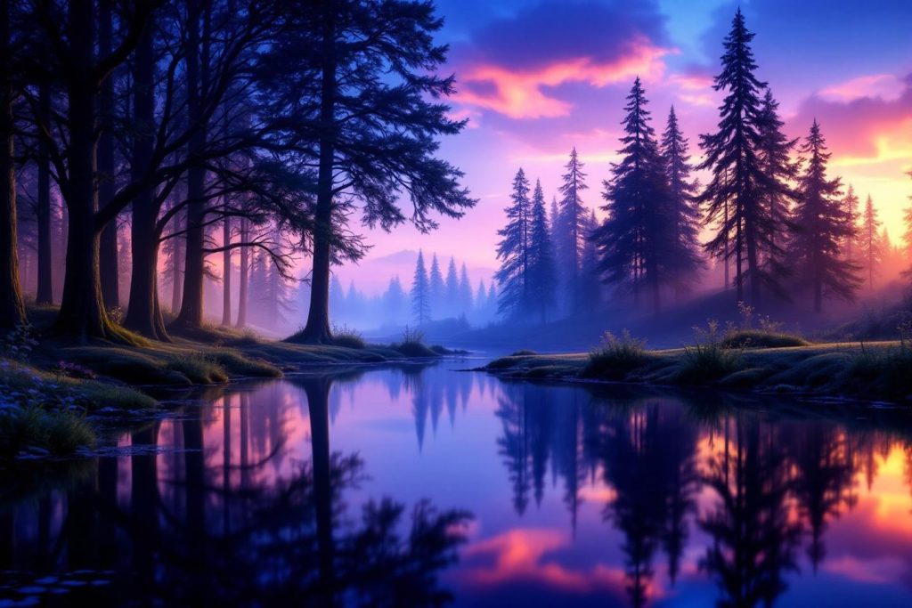 Lac paisible avec reflets de sapins et ciel coloré