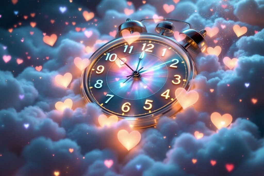 Réveil vintage entouré de cœurs lumineux parmi des nuages