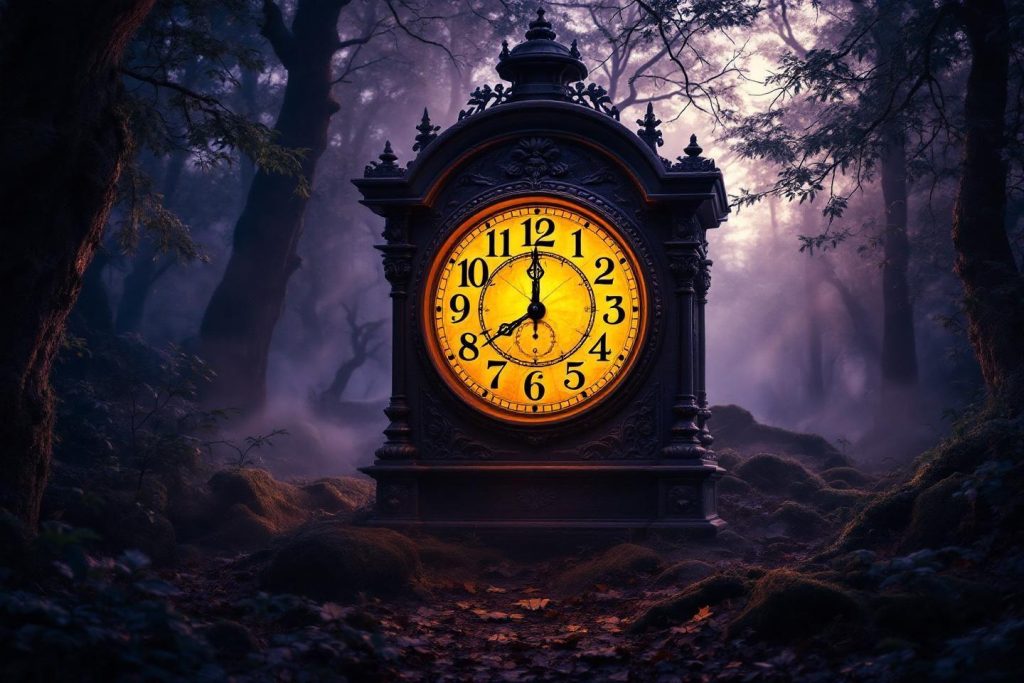 Horloge ancienne dorée dans une forêt sombre et brumeuse