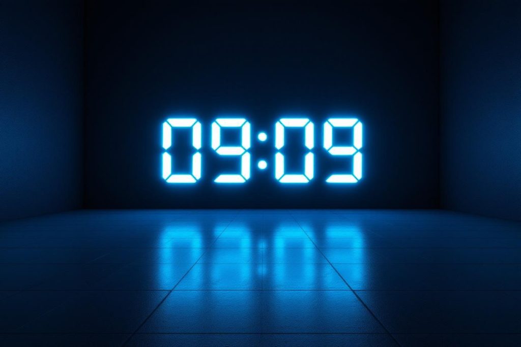 Affichage digital bleu montrant l'heure 09:09 sur fond sombre