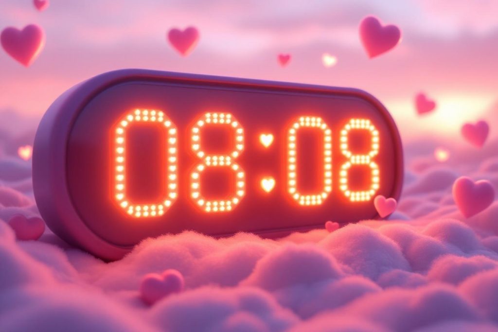 Horloge LED affichant 08:08 entourée de cœurs roses